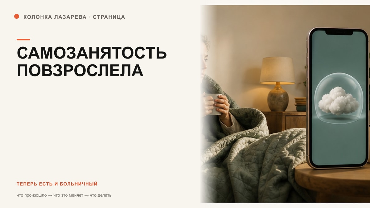 Самозанятый закрывает ноутбук и получает уведомление о больничном