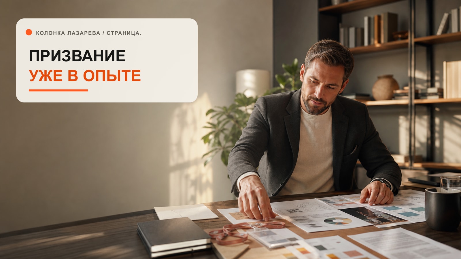 Опытный менеджер раскладывает на большом столе документы, проекты и благодарности