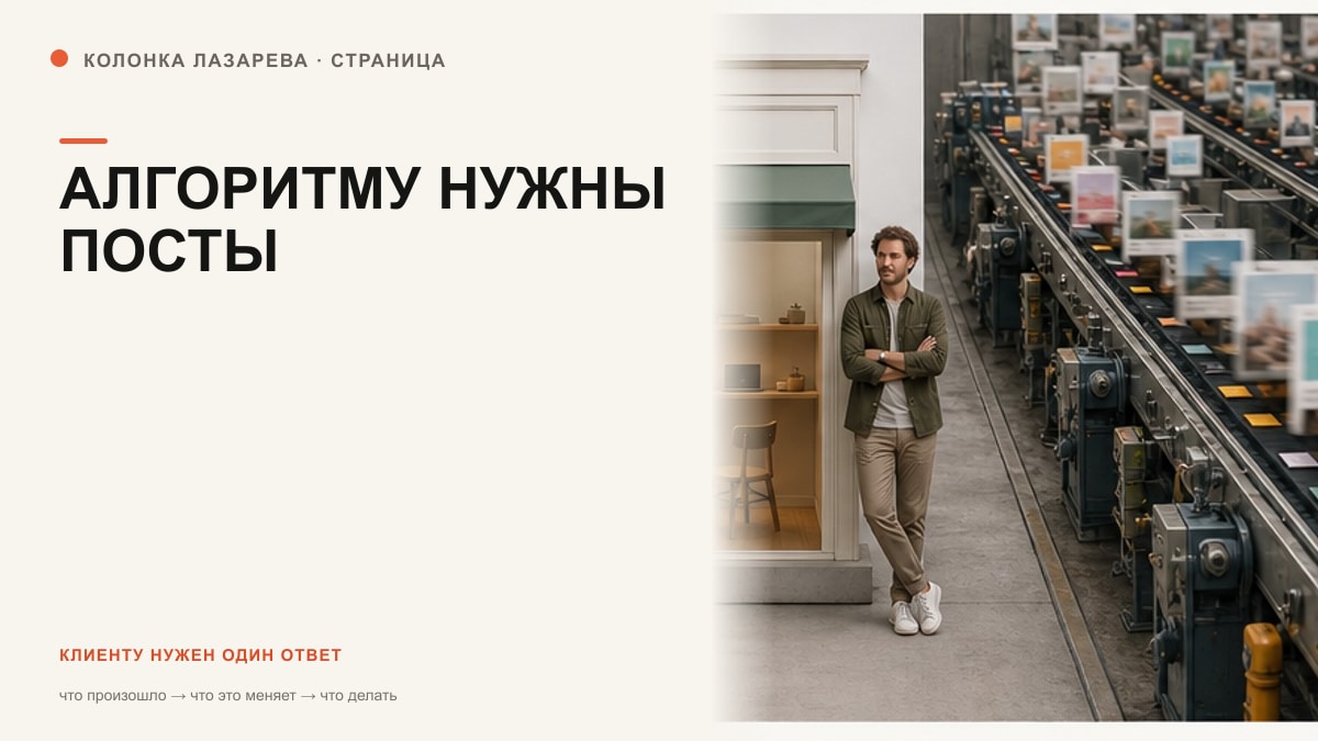 Автор стоит между лентой алгоритма и собственной спокойной страницей