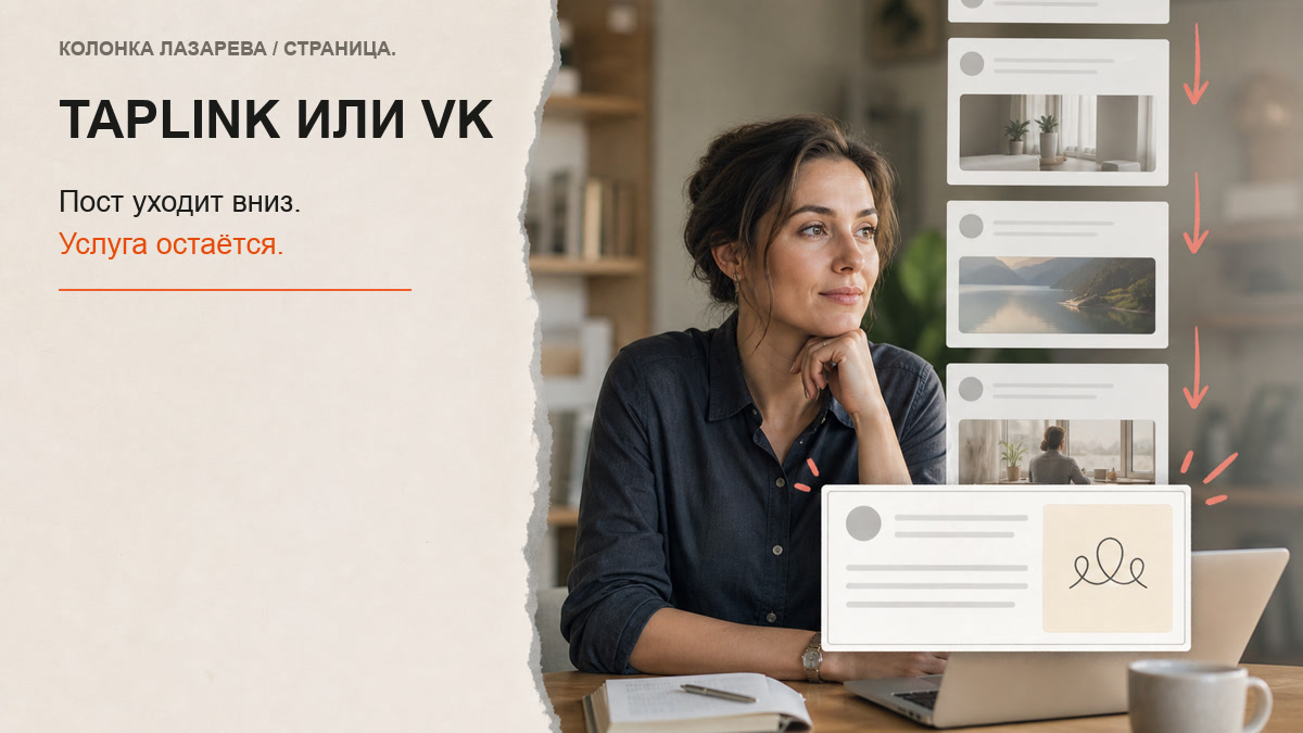 Консультантка видит, как карточка услуги теряется в ленте VK, и выносит её на отдельную страницу