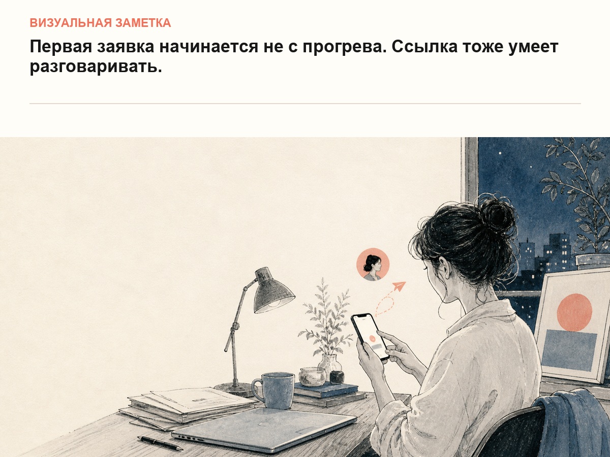 Редакционная иллюстрация: одна ссылка превращается в несколько спокойных разговоров