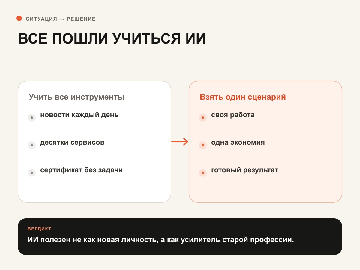 Сравнение накопления курсов и применения ИИ к одной рабочей задаче