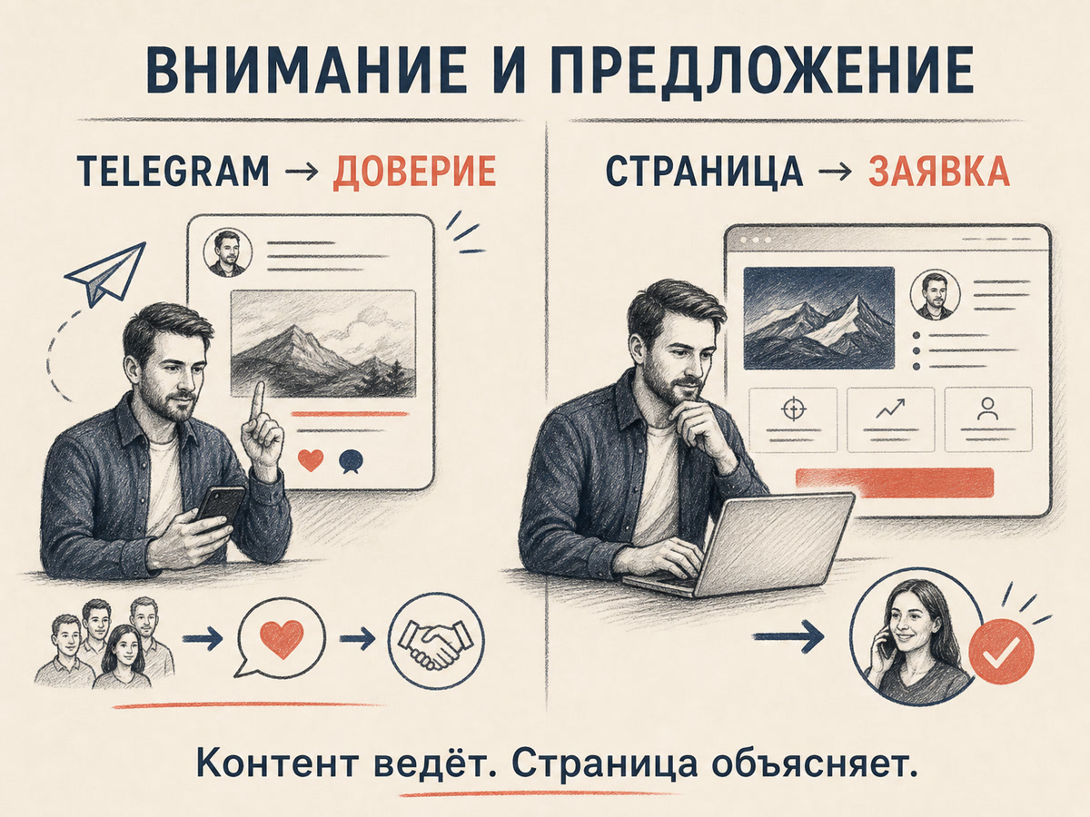 Сравнение ролей Telegram и страницы: доверие и заявка