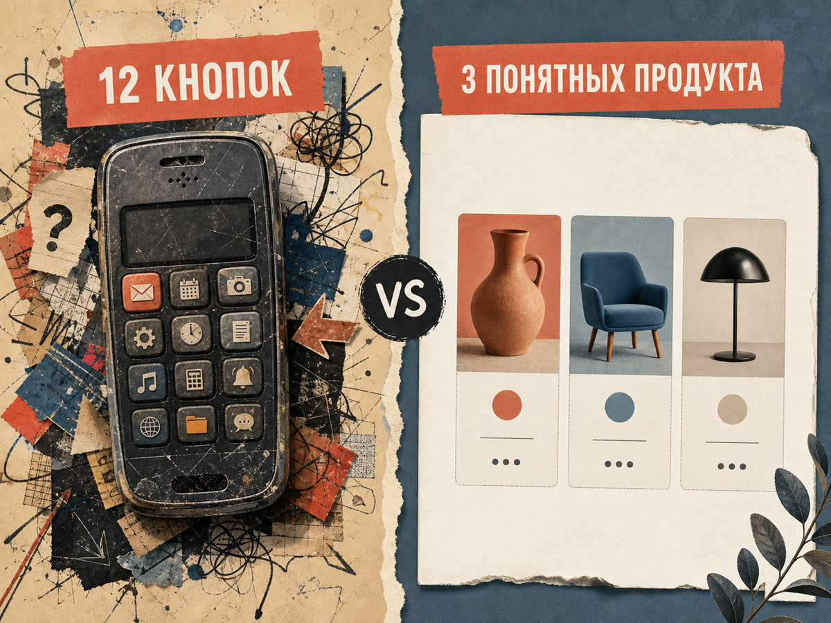 Сравнение двенадцати равных кнопок и трёх понятных продуктов