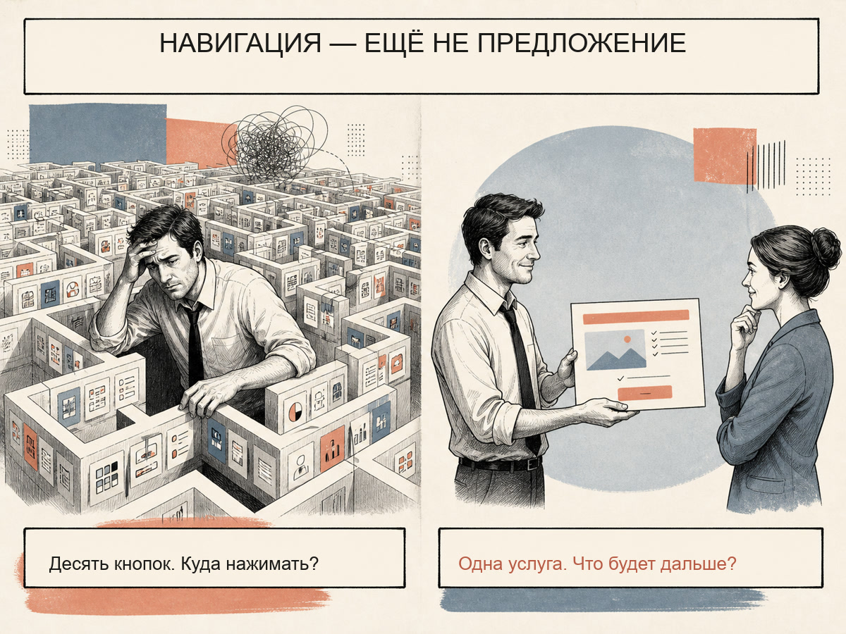 Сравнение лабиринта из кнопок и одной страницы с понятным предложением