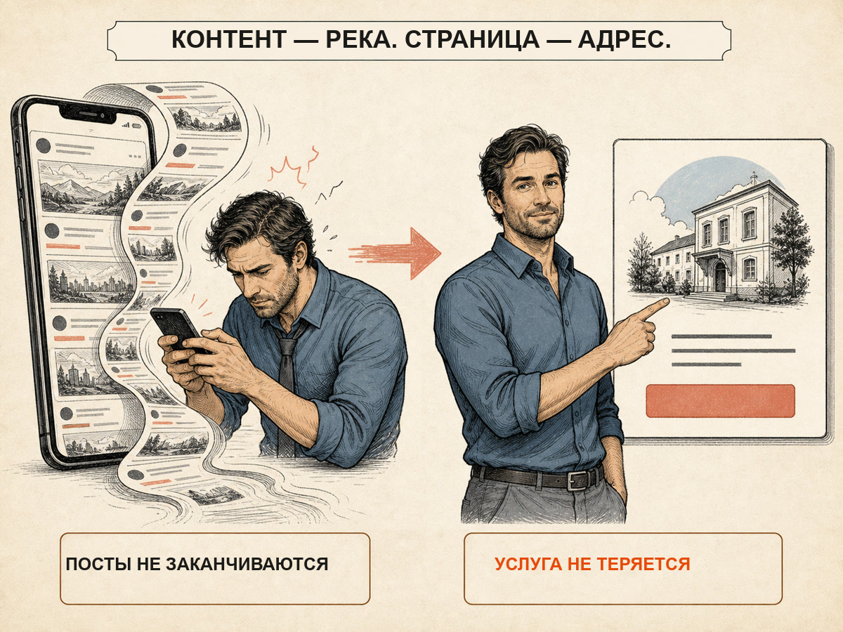 Сравнение бесконечной ленты публикаций и постоянного адреса услуги