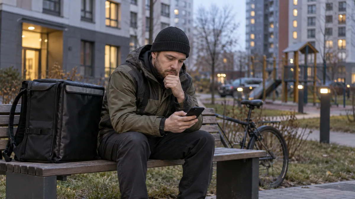 Курьер между заказами проверяет телефон во дворе российского жилого комплекса